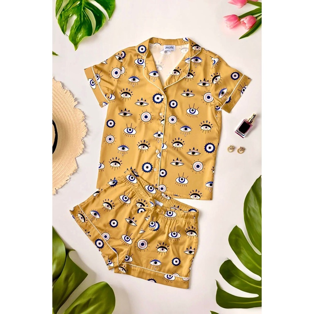 Averie XS Amara Evil Eye Satin Pajama Set Pockets Button Up Shirt Shorts Saks